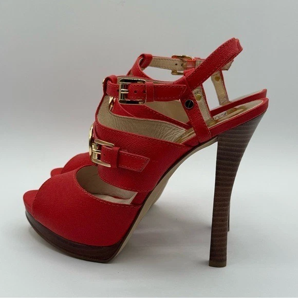 Michael Kors Mackenzie Tacones Plataforma Cuero Saffiano Rojo Punta abierta 7.5M Foto 4 de 4
