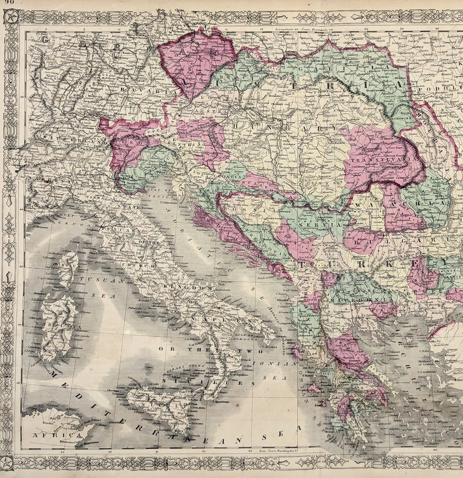 1864  AUSTRIA - TURKEY - GREECE - EUROPE  Map ORIGINAL  (24x17)  JOHNSON - Image 3 of 4