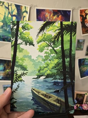 5x7 PRINT Fantasy Landscape Misty Lake Boat Canoe Bayou SoKyleeMarie
