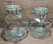 2 Vtg SVE Hermetic Italian Octagonal Honeycomb Glass Jars Wire Bail Lids w Seals