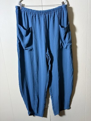 FaM-FaM 3XL Blue Harem Pants Artsy Lagenlook Boho Yoga Coastal Hippie Baggy