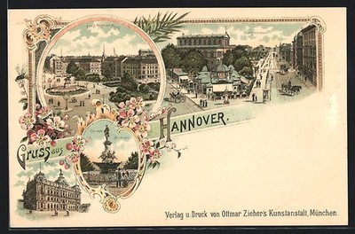 Lithographie Hannover, Ebhardt-Brunnen, Post, Ernst August-Platz und Georgstraß 