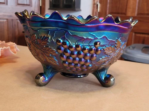 Elec Stippled & Banded Blue Northwood Carnival Glass Grape & Cable Fruit Bowl