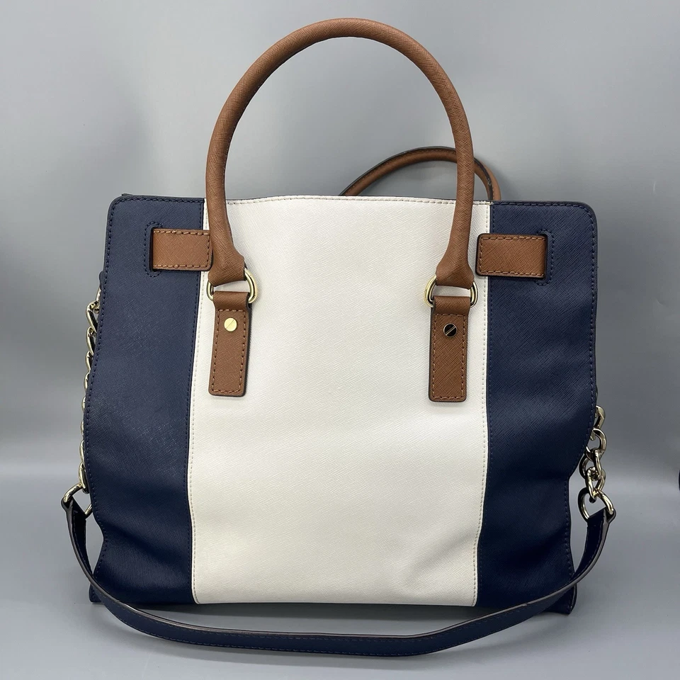 Bolso de hombro Michael Kors Hamilton Satchel blanco azul marino a rayas centrales de cuero Foto 2 de 4