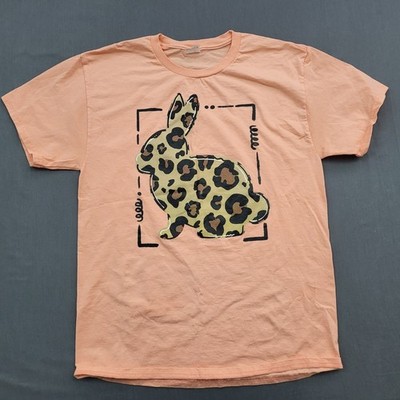 Hanes Shirt Womens Small S Short Sleeve Cheetah Bunny Pullover Pink Orange