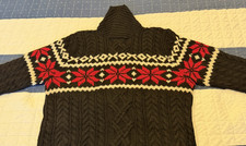 Polo Ralph Lauren - Shawl Collar Aran Cable Hand Knit 100 Wool Black Red XL