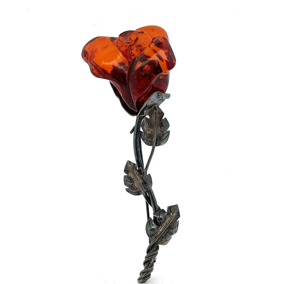 Broche prendedor flor ámbar tallado grande vintage de plata de ley