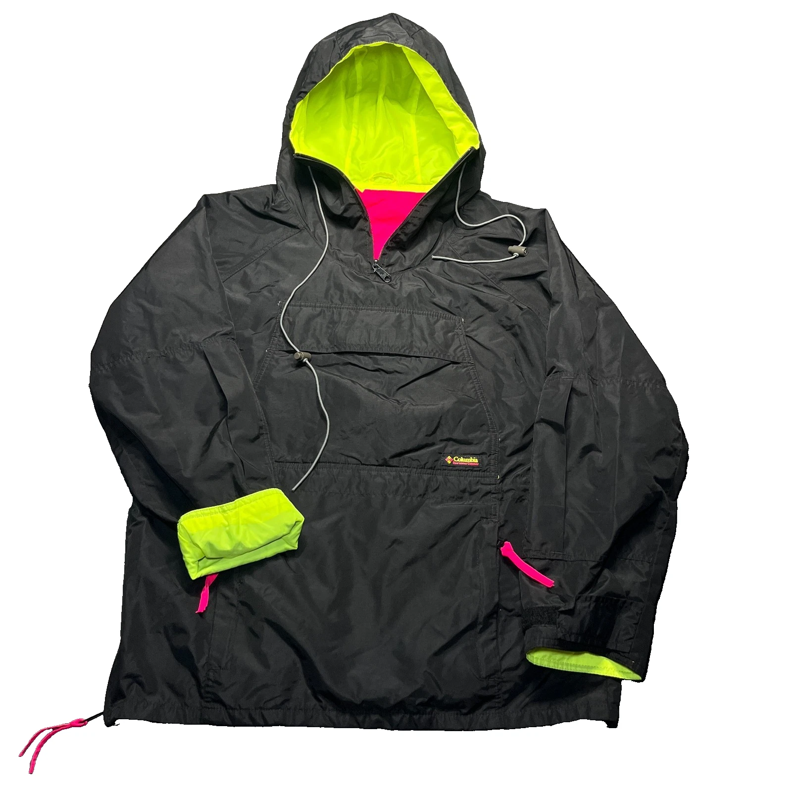 Vintage Columbia Windbreaker Jacket Men's Small Black Anorak Neon Snow Ski 80s