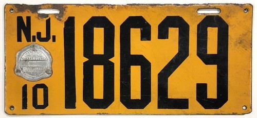 New Jersey 1910 Porcelain License Plate 18629 Original No Touch-ups Sign Antique