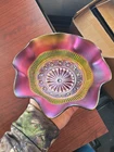 Pretty Olive Green Northwood Carnival Glass Rosette Ruffled Bowl Looks Purple