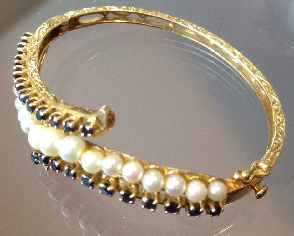 ¡ANTIGUA PULSERA BRAZALETE VICTORIANA 6 1/2" 14k PERLA Y ZAFIRO!! Foto 2 de 4