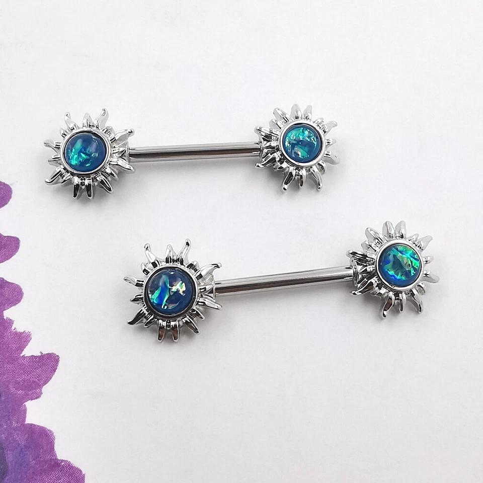 Par de anillos de pezón con barra de acero inoxidable 14G 9/16" para flor solar piercing para pezón Foto 3 de 4