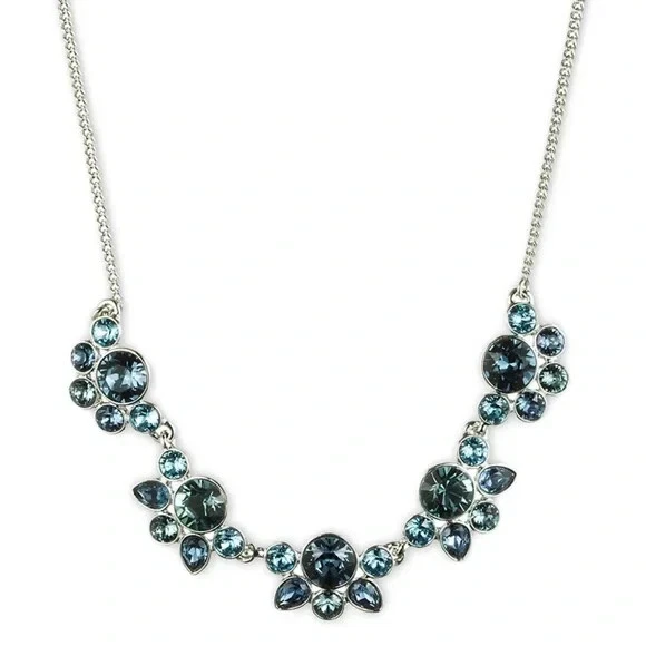 Collana Givenchy Argento Swarovski Cristallo Blu Fumè Disegno Floreale. Vendita al dettaglio $78