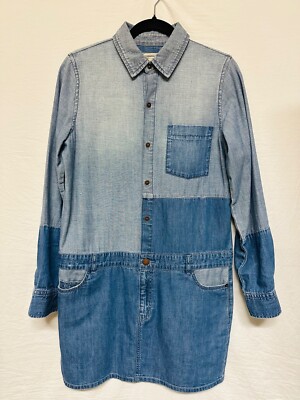 Current Elliott Denim Dress Color Block Blue Denim Long Sleeve SZ 2 Chest pocket