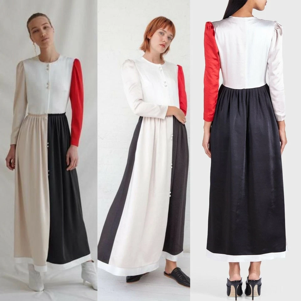 Vestido REJINA PYO MEDIANO Negro Rojo Satinado Maxi Patchwork Tienda Caftán Nuevo con Etiquetas $1,295 Foto 2 de 4