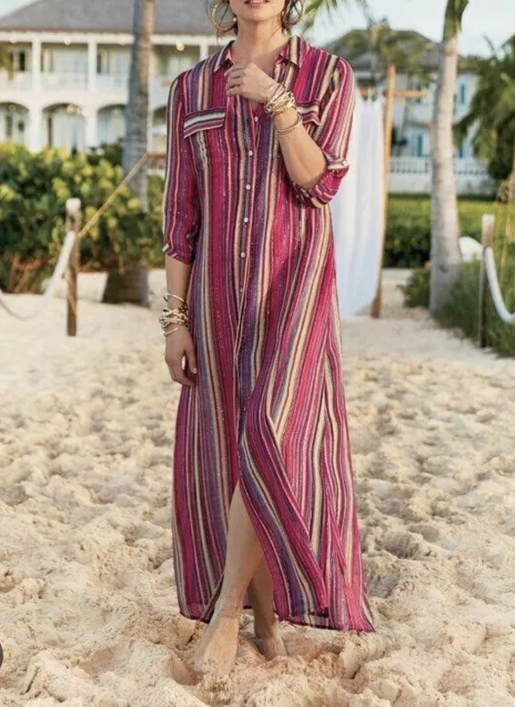 Soft Surroundings Petite XS Maxi Shirt Dress Linnea Multicolored Striped 3CK29