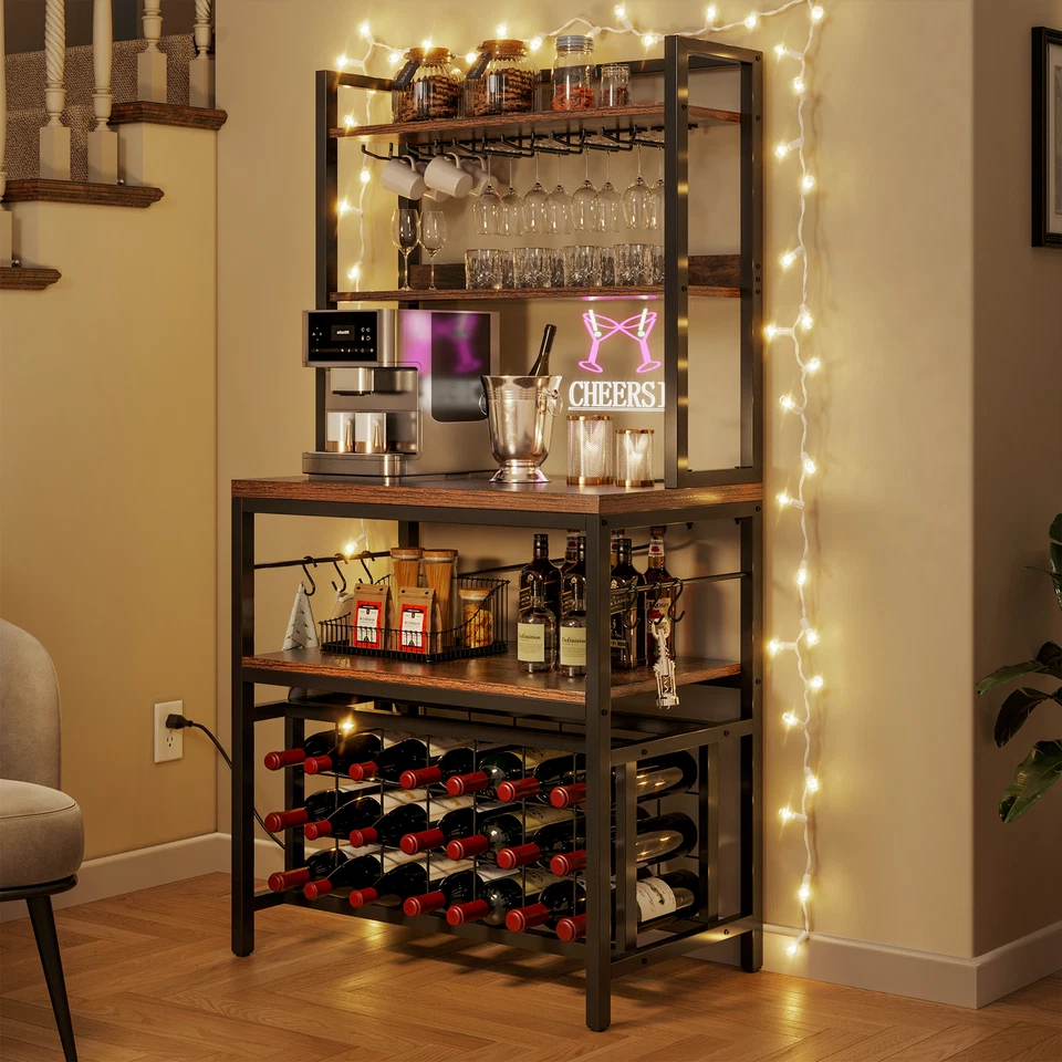 Wine Rack Table Bakers Rack Freestanding Liquor Bottle Holder with Power Outlet - Image 4 of 4