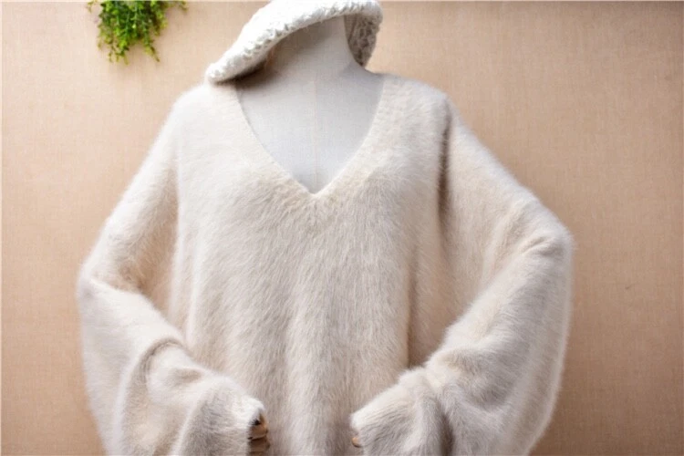 Mink cashmere mohair angora knit ivory white cream v neck fluffy sweater lux