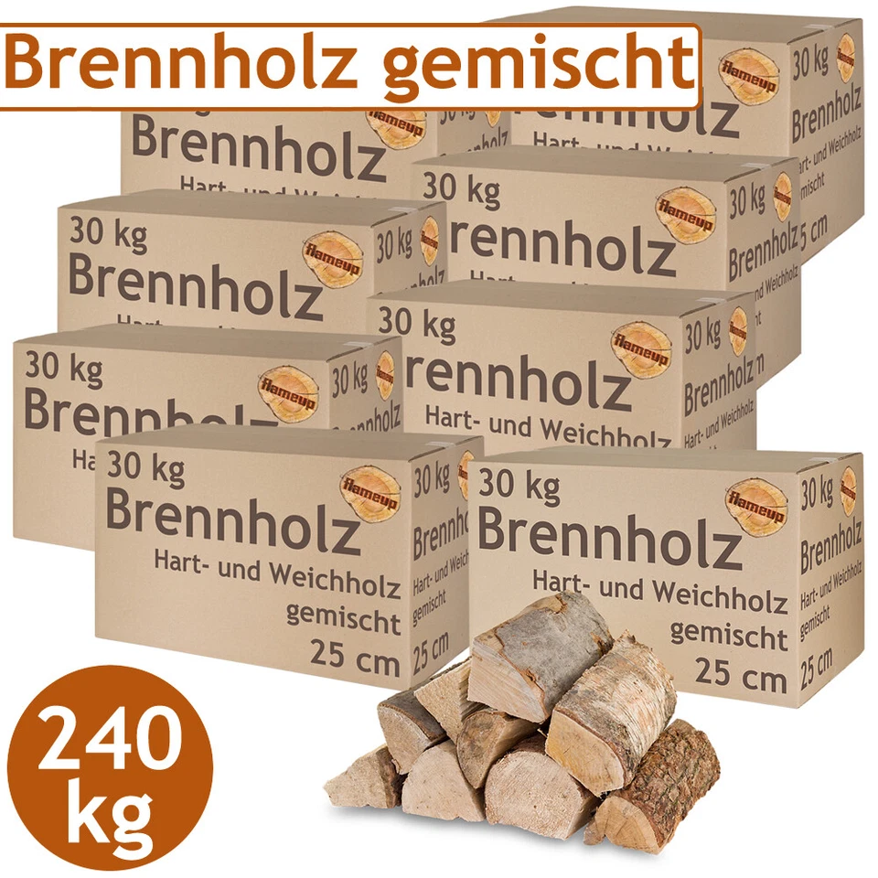 Brennholz Kaminholz gemischt 240 kg Holz Ofen Hartholz Weichholz 25 cm Flameup