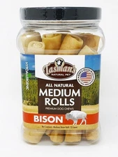 Tasman's Natural Pet 6" Med Bison Rolls. 12 Count Jar. No harmful chemicals.