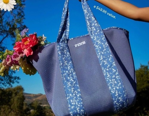 Victoria's Secret PINK Blue Mesh Tote Size Large Floral Trims NWT - Picture 3 of 5