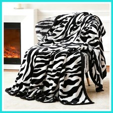 Fuzzy Flannel Throw Blanket for Sofa, Couch, Bed, Black and White Zebra Print...