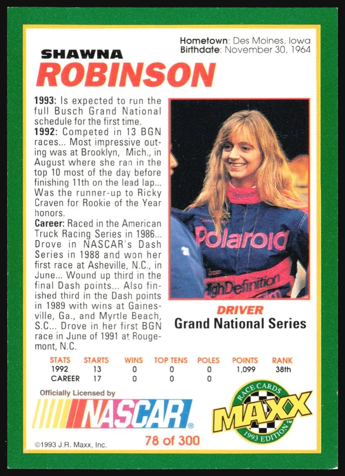 1993 Maxx Racing SHAWNA ROBINSON Auto #78 (No COA) - Image 2 of 2