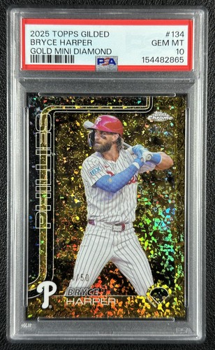 BRYCE HARPER PSA 10 2025 TOPPS CHROME GILDED 134 GOLD MINI-DIAMOND REFRACTOR /50