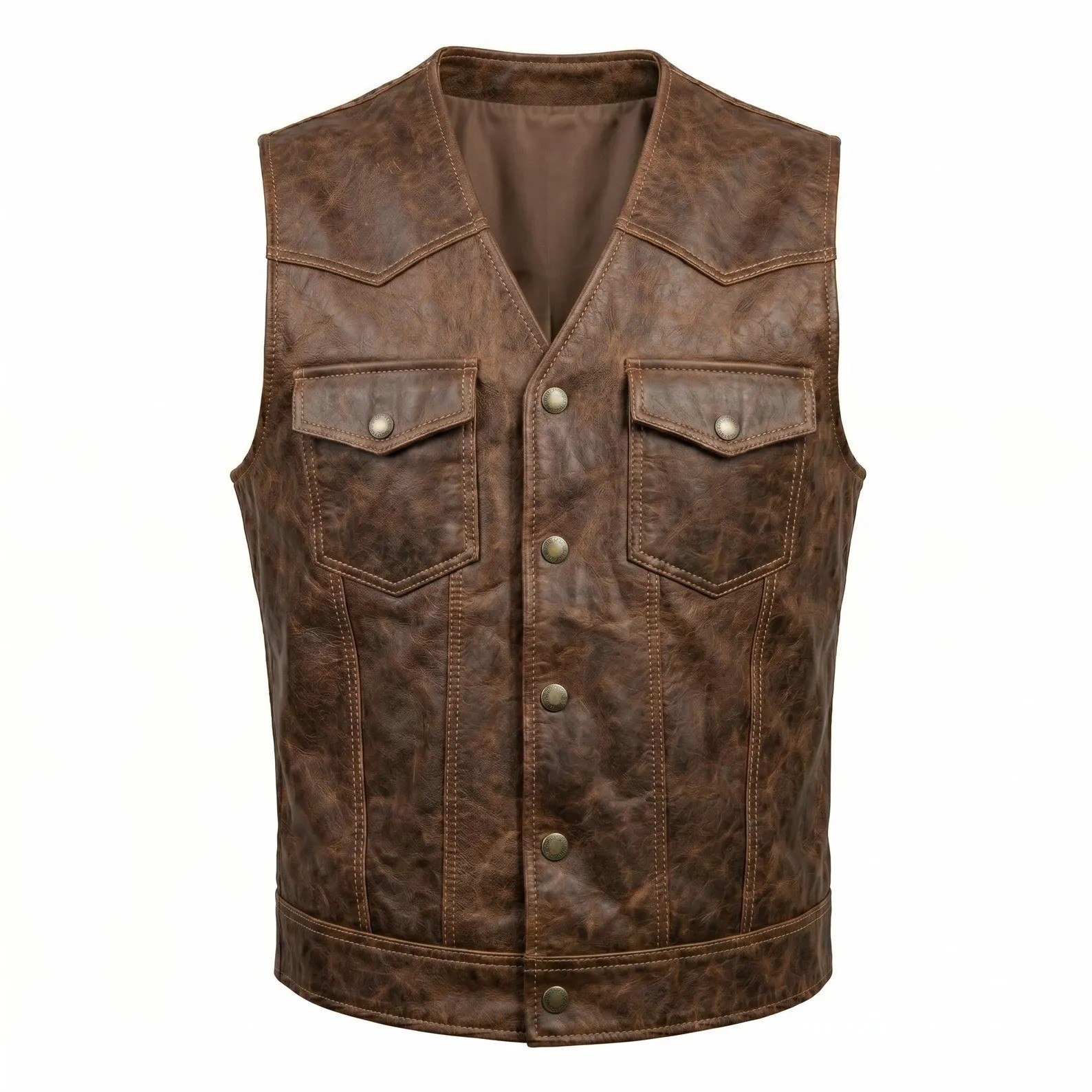 Men's Distressed Brown Leather Vest Western Cowboy Biker Sleeveless Waistcoat