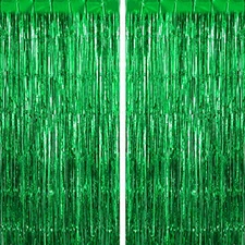 Green Fringe Curtains Backdrops 2 Pack, Foil Fringe Curtains Door Streamers 