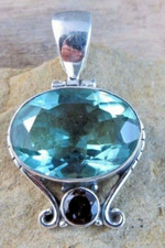 Large Blue Green Apatite & Red Garnet 925 Sterling Silver Pendant #582