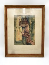 Alte Original Aquarell Malerei -Die Predigt-Signiert Kanzel Kirche Rahmen Holz