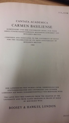 Britten: Cantata Academica (Carmen Basiliense): Vocal Music Score
