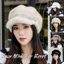 Winter Hat for Women Faux Fur Fluffy Beret Duck Tongue Hat Winter Warm