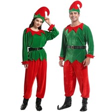 Adult Unisex Elf Costume,Christmas Fancy Costume,Green Top, Red Pants, Belt, Hat