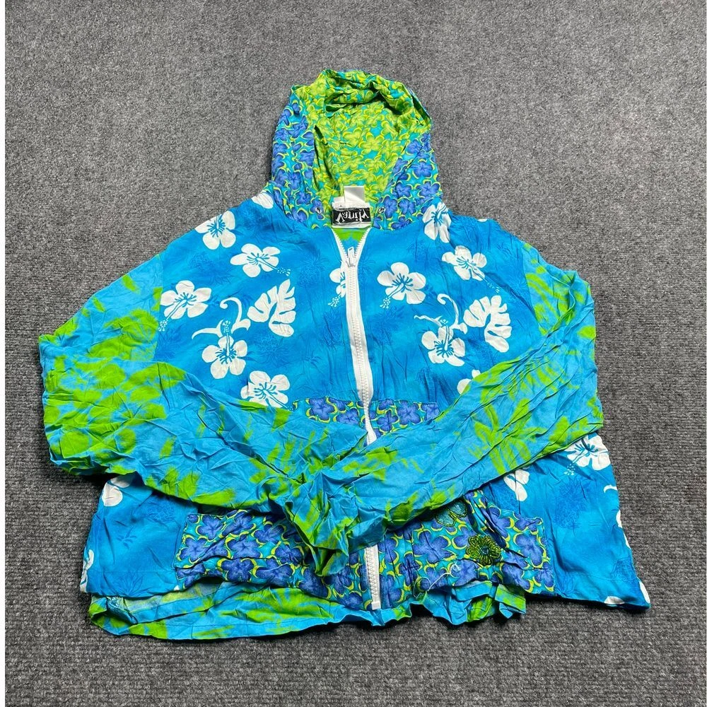 Vanity Women's Blue/Green Floral Print Full Zip Long Sleeve Hoodie Jacket Size L