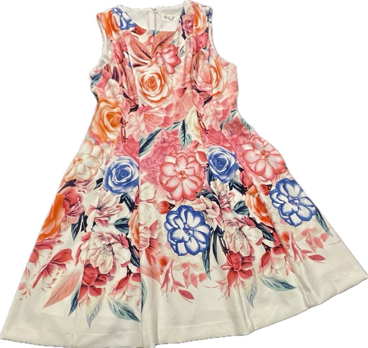 Eliza J White Dress 16 Pink Orange Blue Floral Pockets Fit Flare