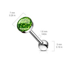Green Glitter Tongue Bar * Sparkly 7mm Dome Top * 14G (1.6mm) 16mm Bar