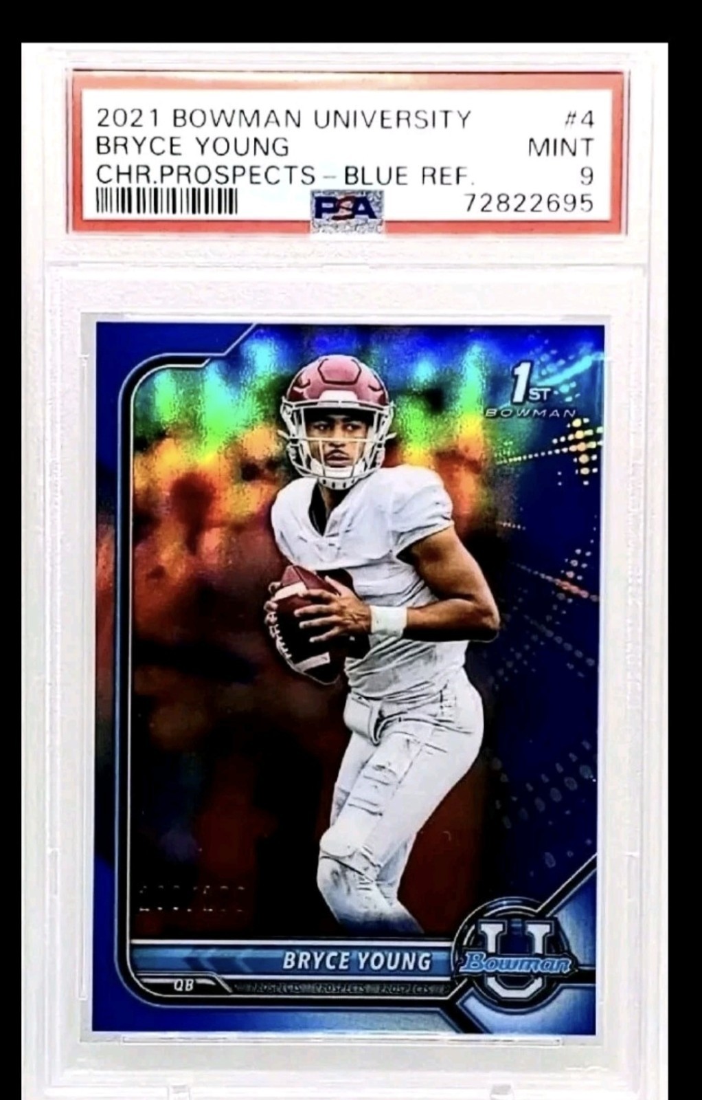 #/199 Bryce Young Blue Refractor RC 2021-2022 Bowman University 4 PSA 9 Rookie 