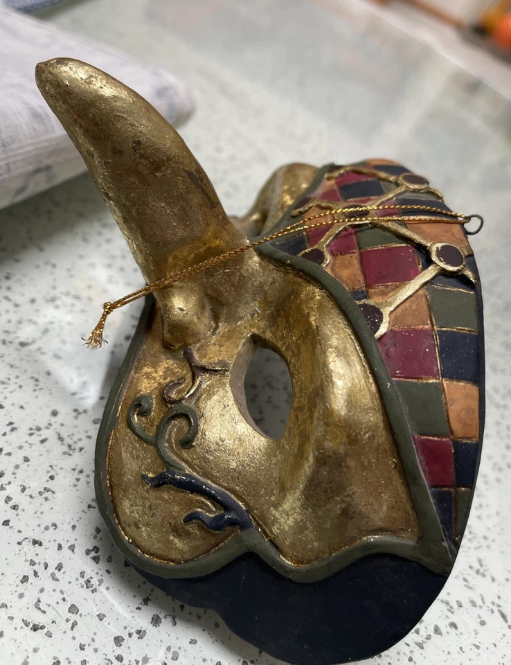 Máscara de Mardi Gras de Carnaval Veneciano de Colección Hecha a Mano en Italia Dorada y Multicolor Usada en Excelente Condición Foto 4 de 4