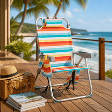 Folding Beach Chair High Back Tall 5 Position Reclining Aluminum Camping Striped