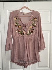 Altard State Floral Embroidered Romper Womens Size L Pink Boho Bell Sleeve Crepe