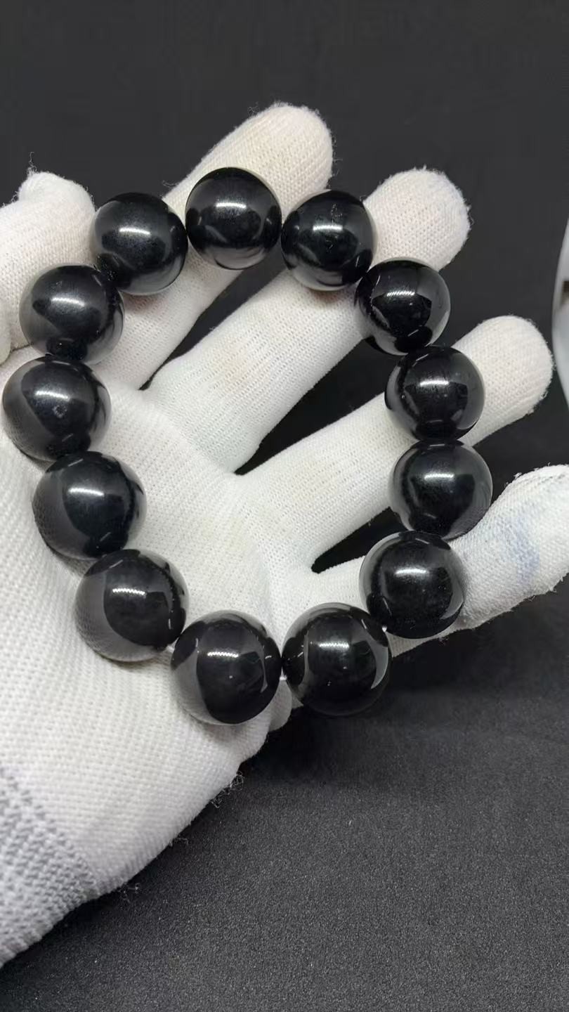 100% NATURAL 18mm HETIAN BLACK JADE 13 Prayer Beads Bracelet 114.7g  和田墨玉念珠手串