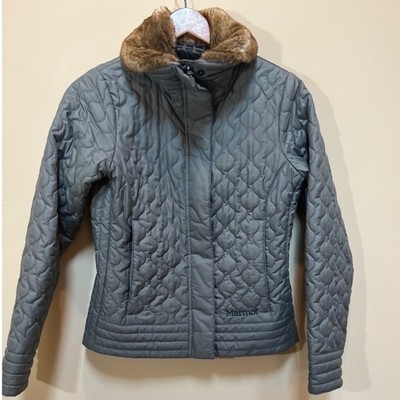 MARMOT St. Moritz Quilted Jacket Womens Small Gray Faux Fur Collar Full Zip