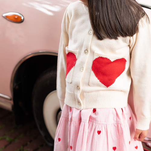PINK CHICKEN Girls 6Y Cream Red Heart Pocket Glitter Buttons Cardigan Sweater - Picture 2 of 10