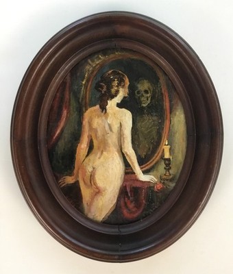 Memento Mori Vanitas A.Gata Oil  painting Female Skull Mirror [1292AG]