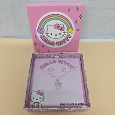 Hello Kitty 3-Piece Bling Fine Silver Plated Necklace  Earrings Set Pink Bows