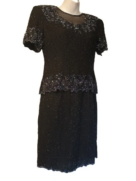 Vestido para mujer STENAY 100 % seda vintage años 80 negro plata con cuentas talla: 8 pequeño  Foto 2 de 4