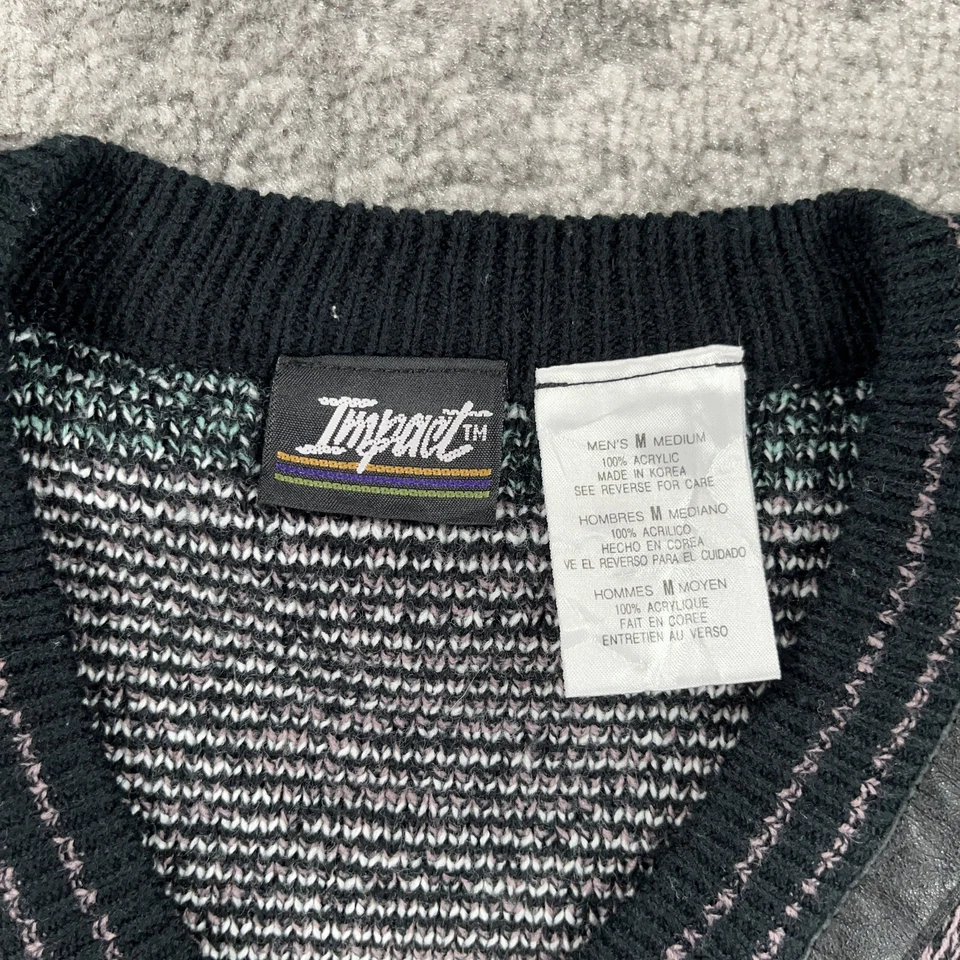 Suéter Vintage Impact Para Hombre Medio Gris Verde Cuello en V Tejido Pullover Geométrico Años 90 Foto 4 de 4