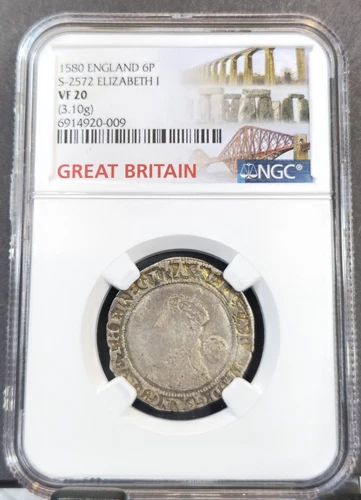 1580 ENGLAND SILVER 6 PENCE S-2572 ELIZABETH I NGC VF 20 RARE BEAUTIFUL COIN
